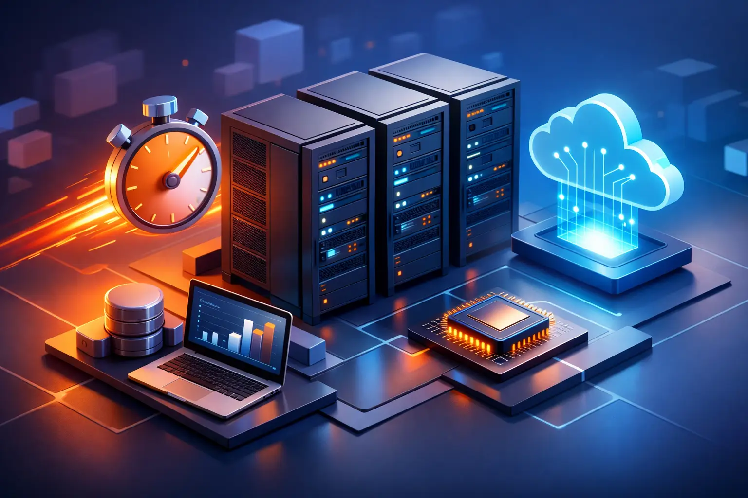 Dedicated server hardware, CPU, storage, and cloud connectivity illustration